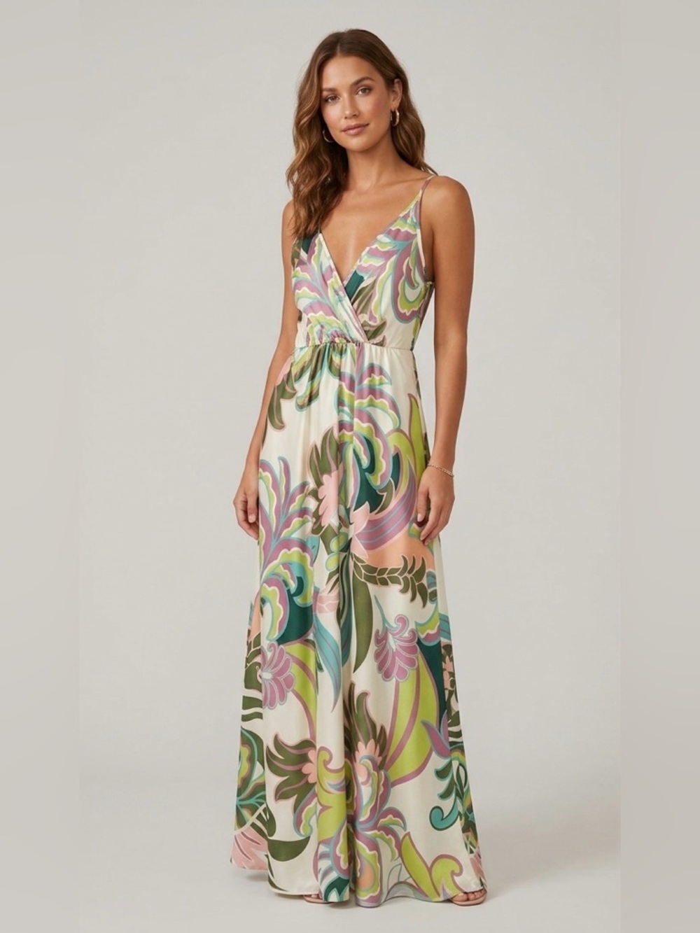 Boho Chic Satin Maxi Dress – Vintage 70s Print Sleeveless V-Neck size S